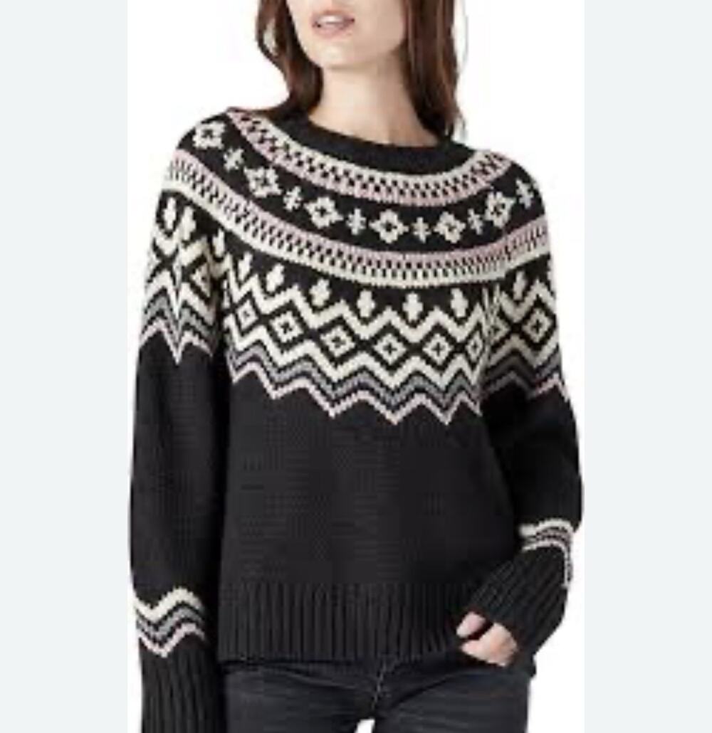 Lucky Brand Womens XL Navy Multi Fair Isle Sweater Mock Neck Geometric Chunky